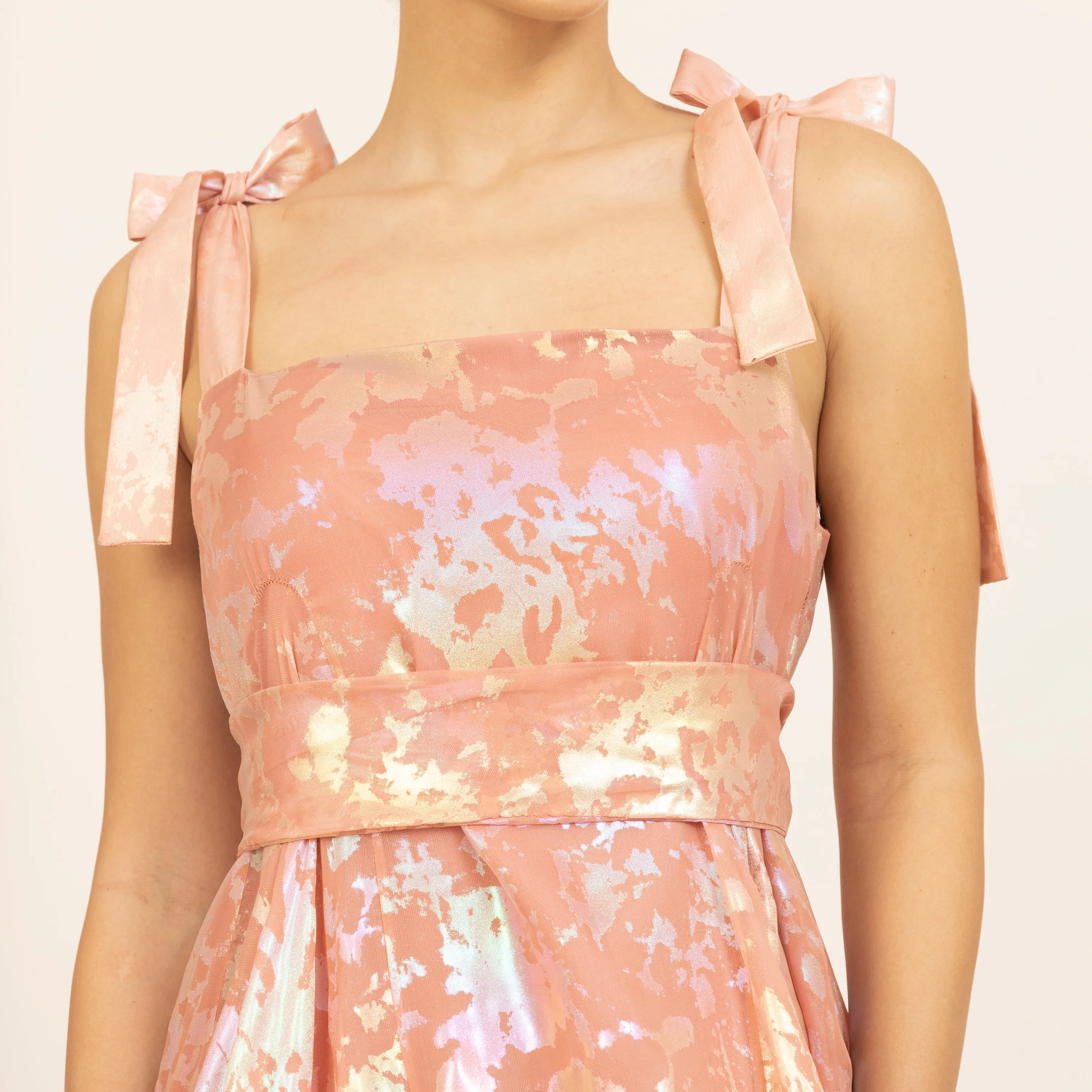 Peach Organza Holographic Without Sleeves Ruffle Dress