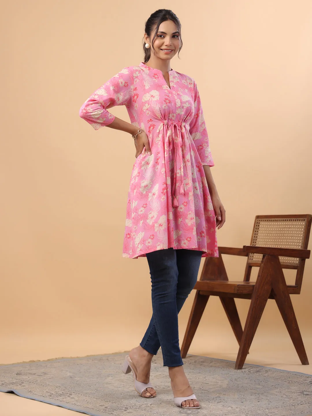 Pink Cotton Floral Printed Tunic