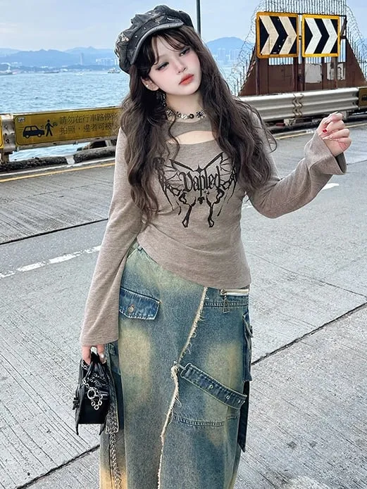 Plus Size Blue High Slit Frayed Hem Wasteland Punk Denim Skirt Cargo Pockets