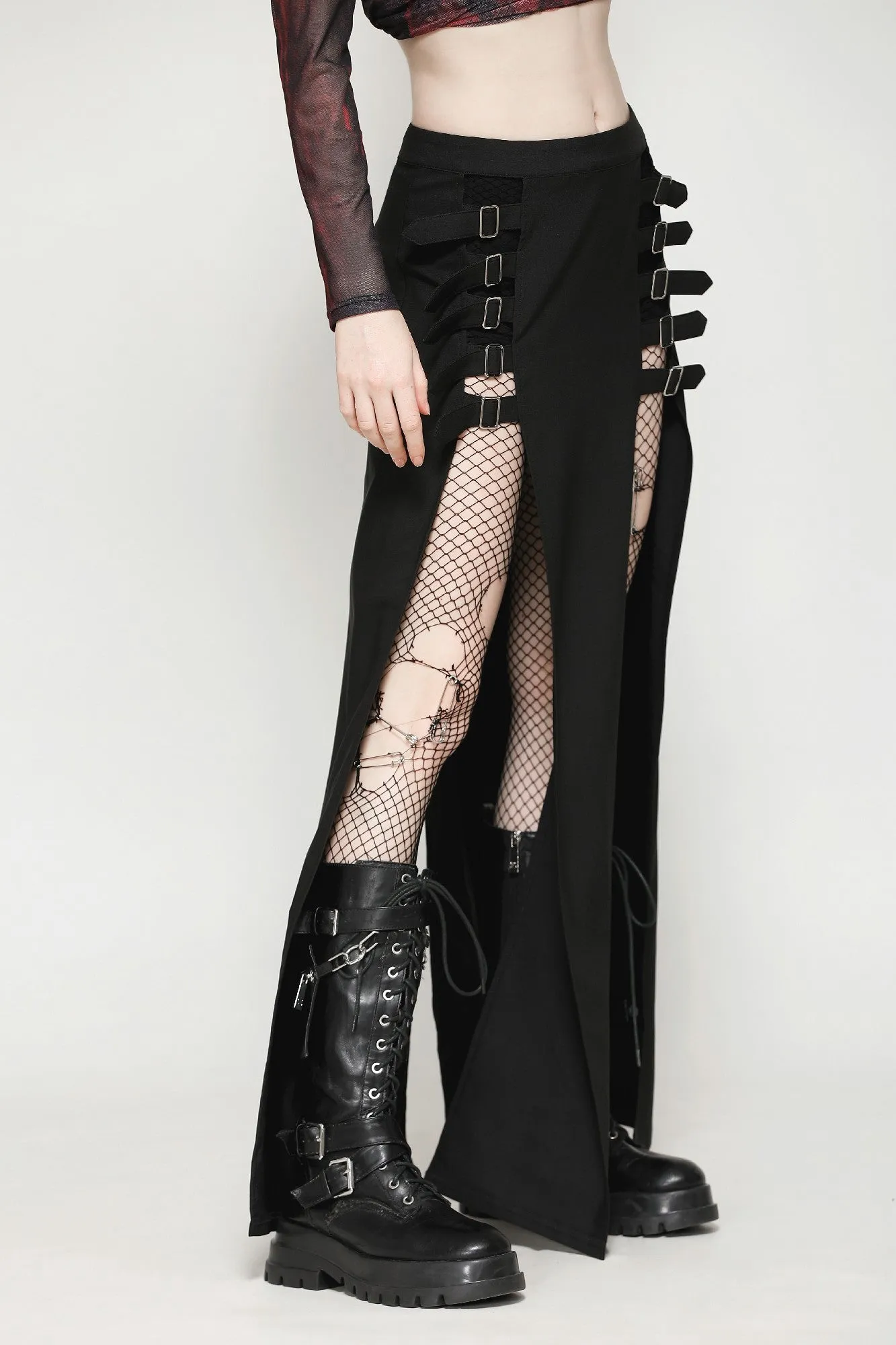 Punk Black Slit Metal Long Skirt KW367