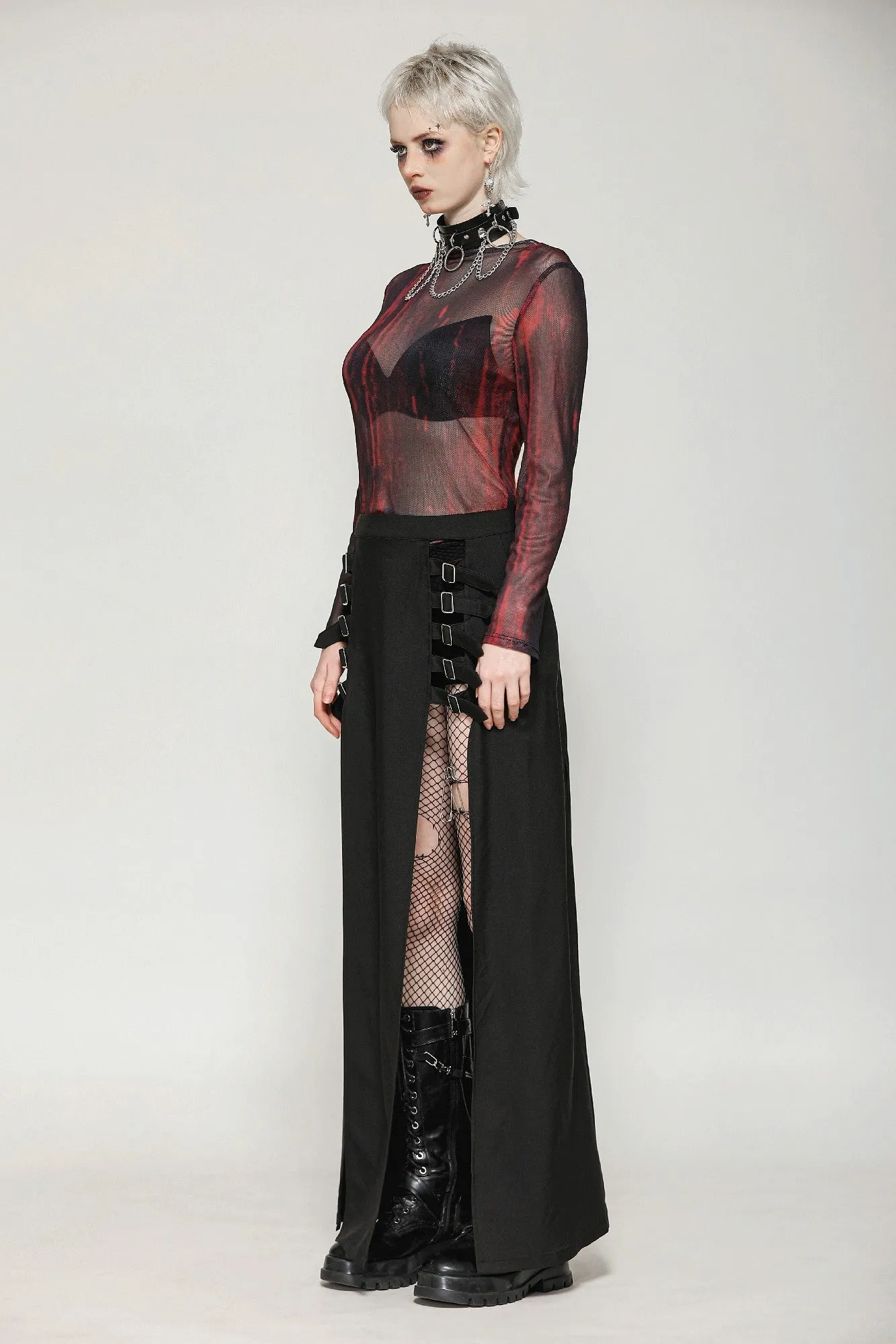 Punk Black Slit Metal Long Skirt KW367