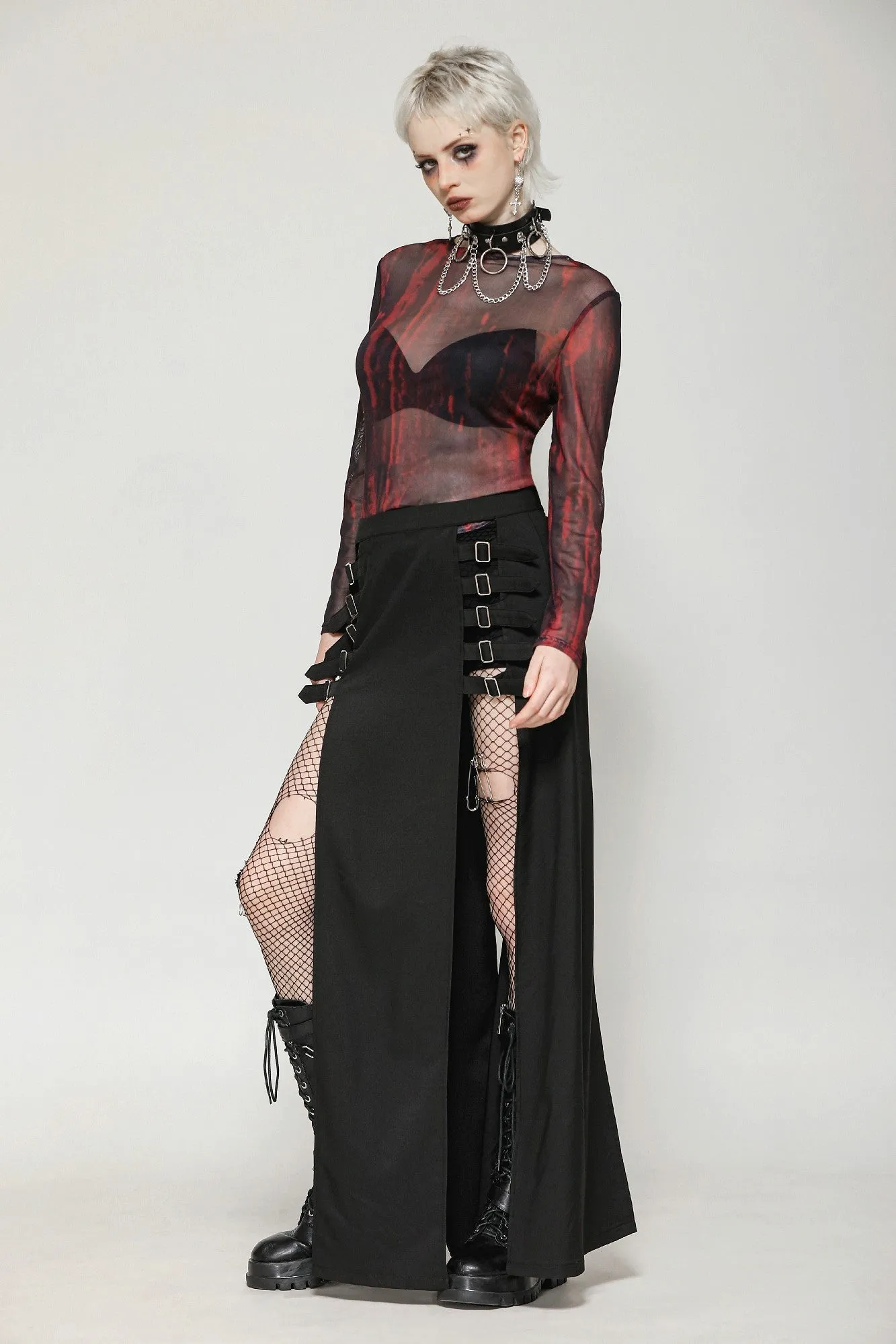 Punk Black Slit Metal Long Skirt KW367