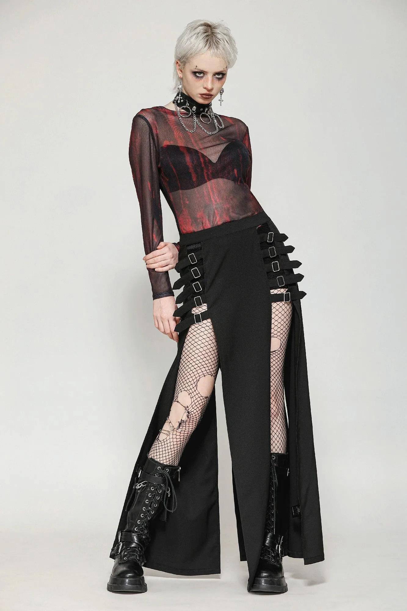 Punk Black Slit Metal Long Skirt KW367