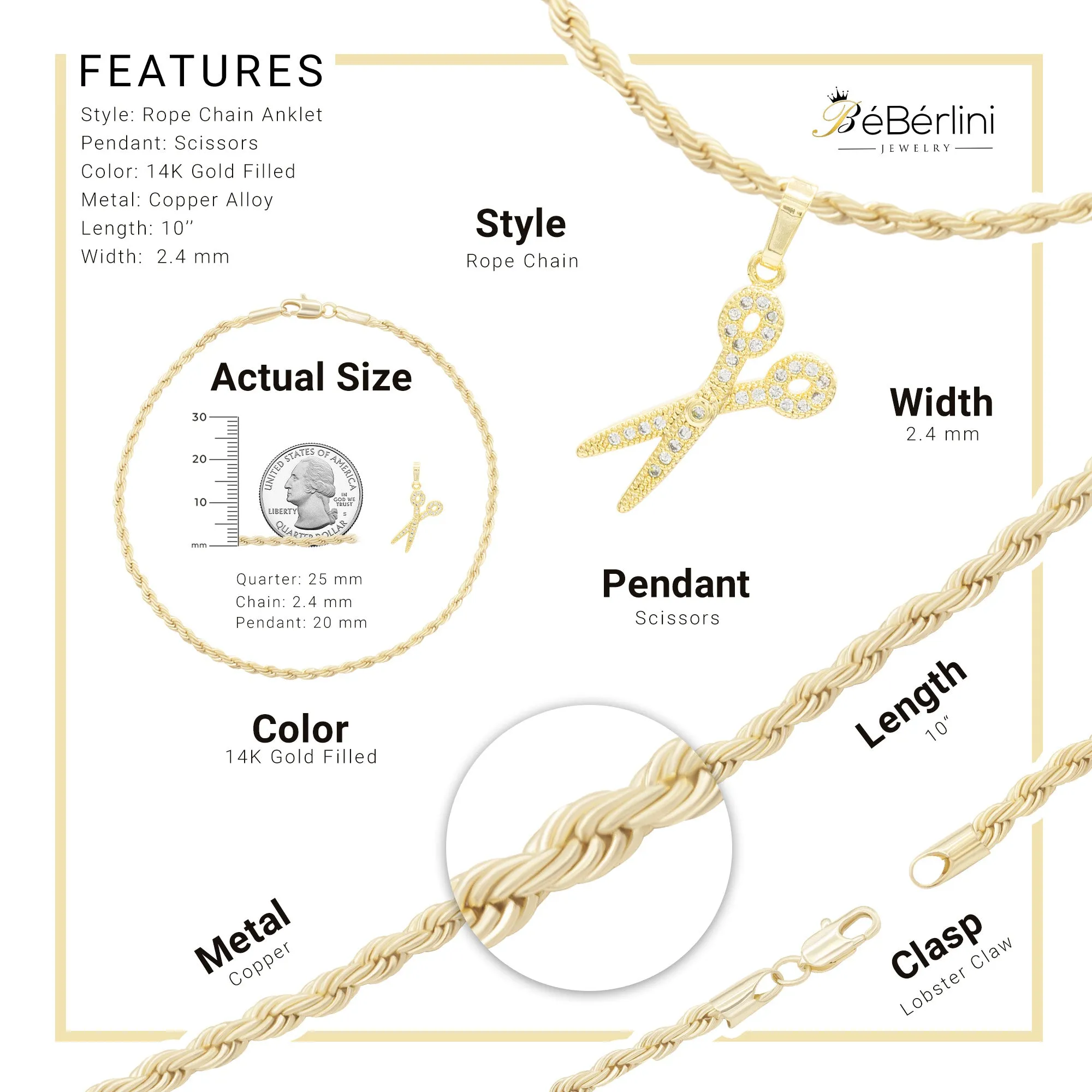 Scissors CZ Pendant 14K Anklet Bracelet Gold Filled Cubic Zirconia Charm Rope Foot Set 10" WomenJewelry