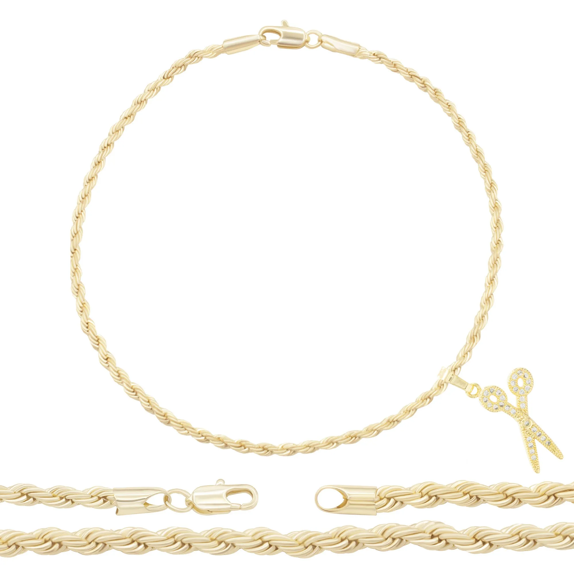 Scissors CZ Pendant 14K Anklet Bracelet Gold Filled Cubic Zirconia Charm Rope Foot Set 10" WomenJewelry