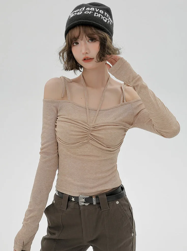 Shoulder Ribbon Halter Neck Top Off
