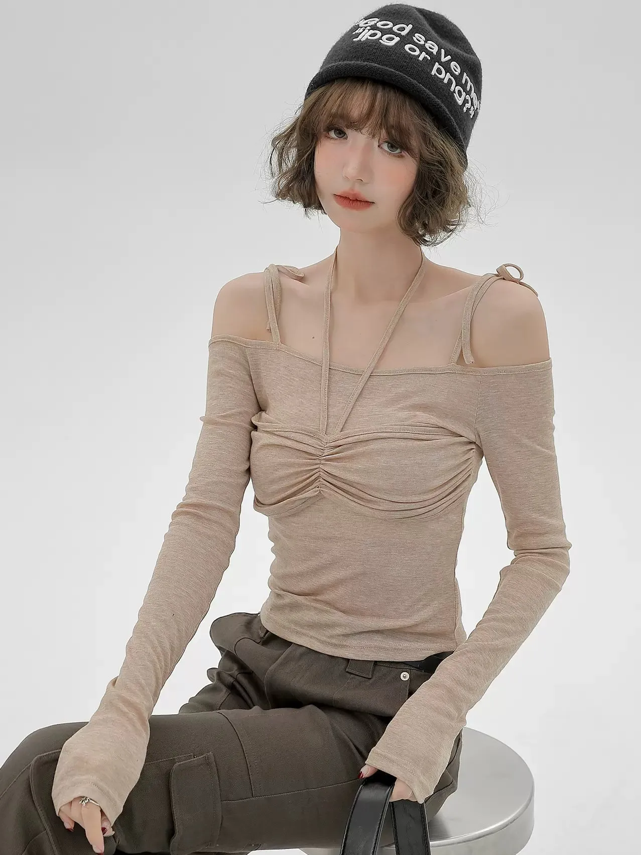 Shoulder Ribbon Halter Neck Top Off