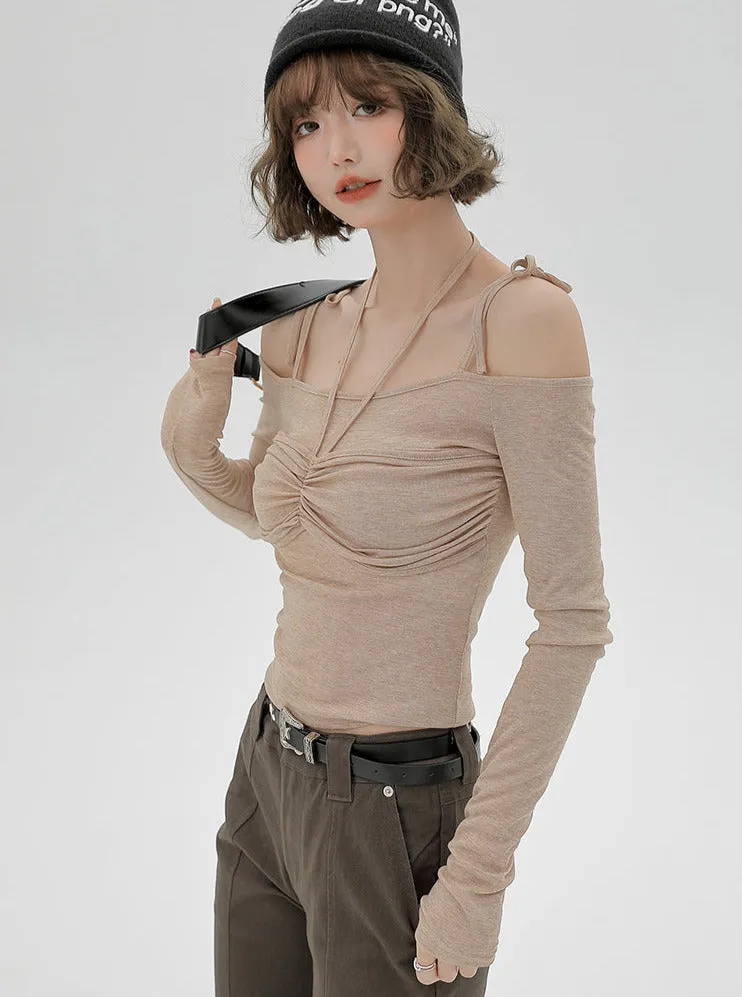 Shoulder Ribbon Halter Neck Top Off