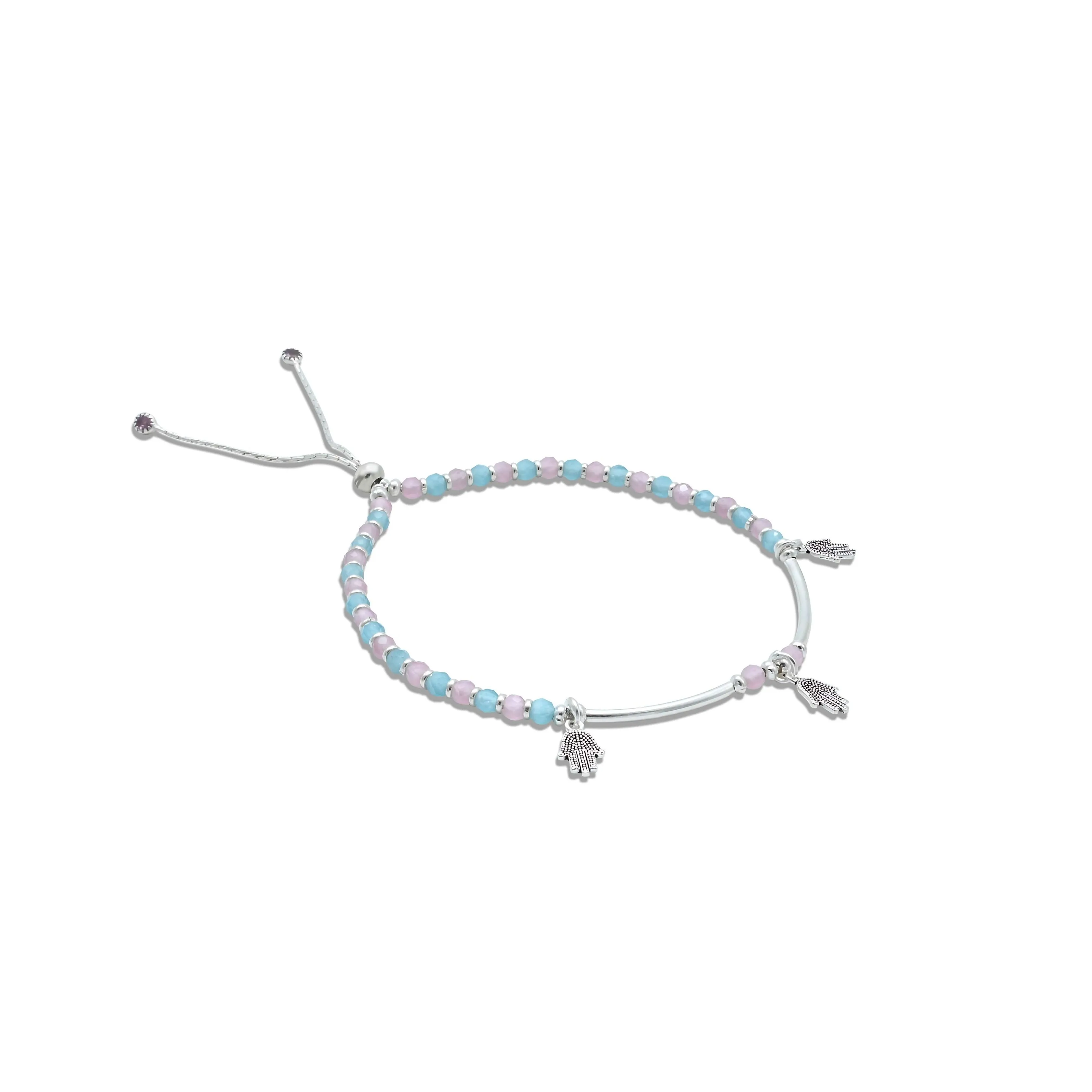 Silver Vintage Light Blue &amp; Pink Beaded Palm Charms Anklets for Girls