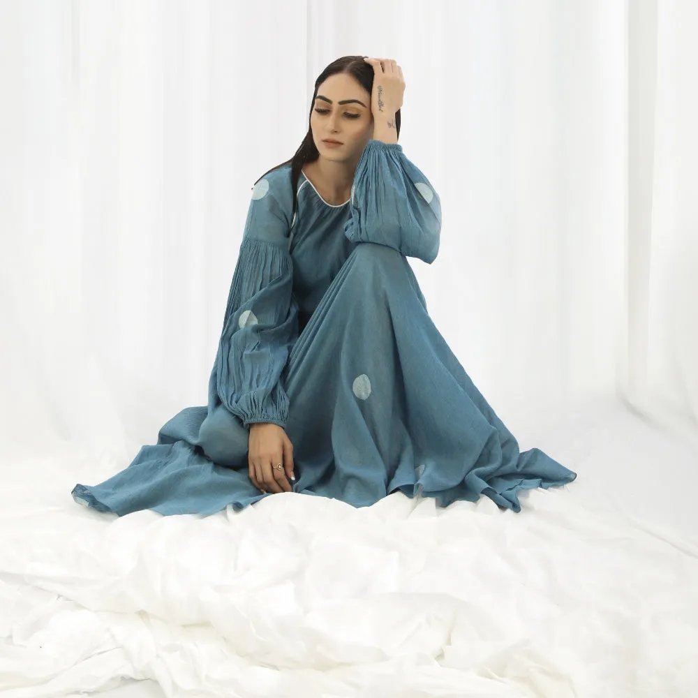 Turkish Blue Bishop Sleeve Maxi Dress For Women | Classy Look | Party Wear