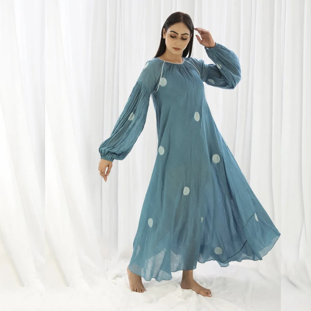 Turkish Blue Bishop Sleeve Maxi Dress For Women | Classy Look | Party Wear