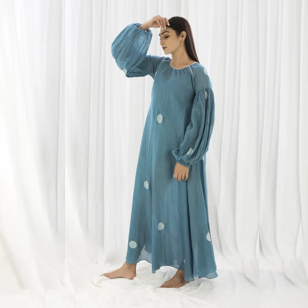 Turkish Blue Bishop Sleeve Maxi Dress For Women | Classy Look | Party Wear