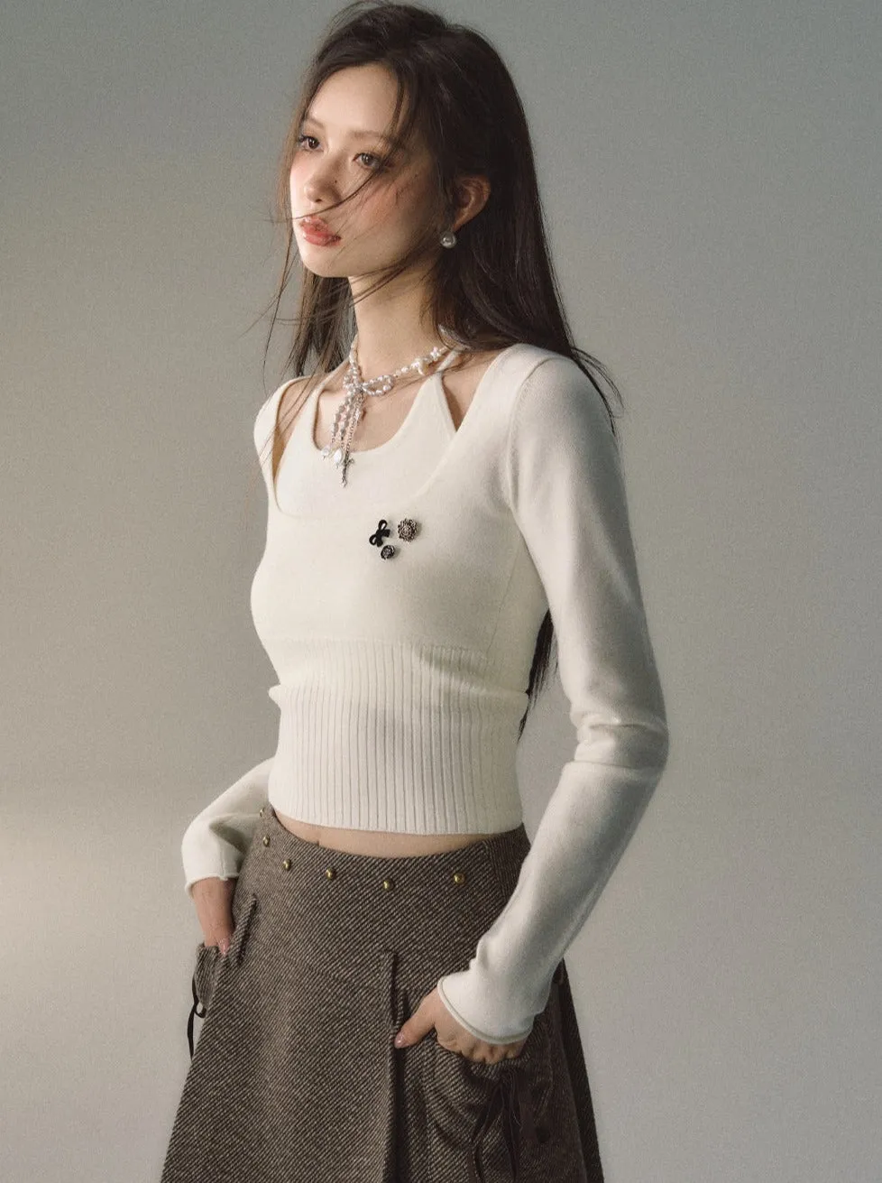 Two Piece Halter Rim Neck Top Faux