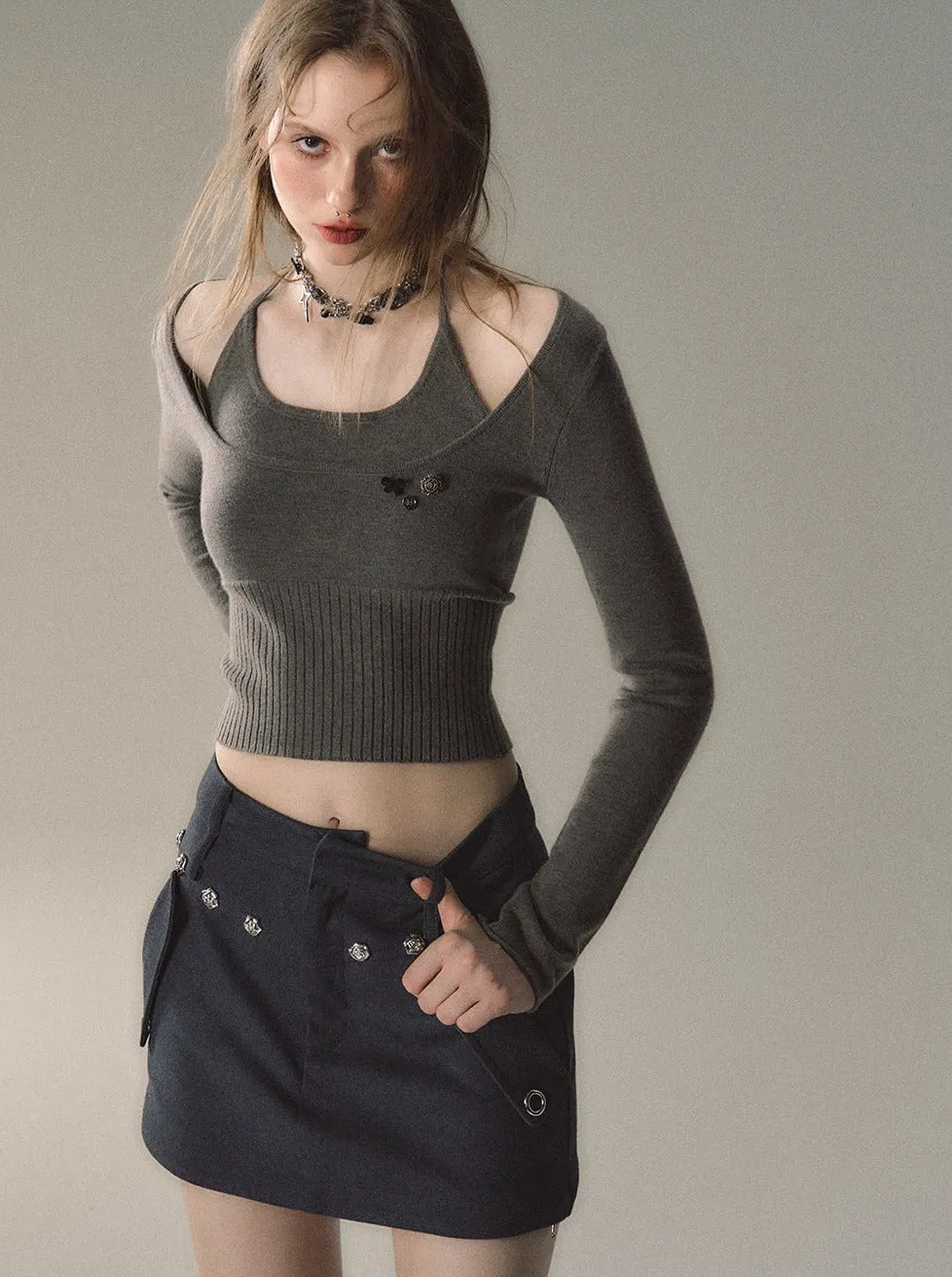 Two Piece Halter Rim Neck Top Faux