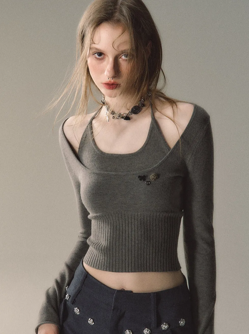 Two Piece Halter Rim Neck Top Faux