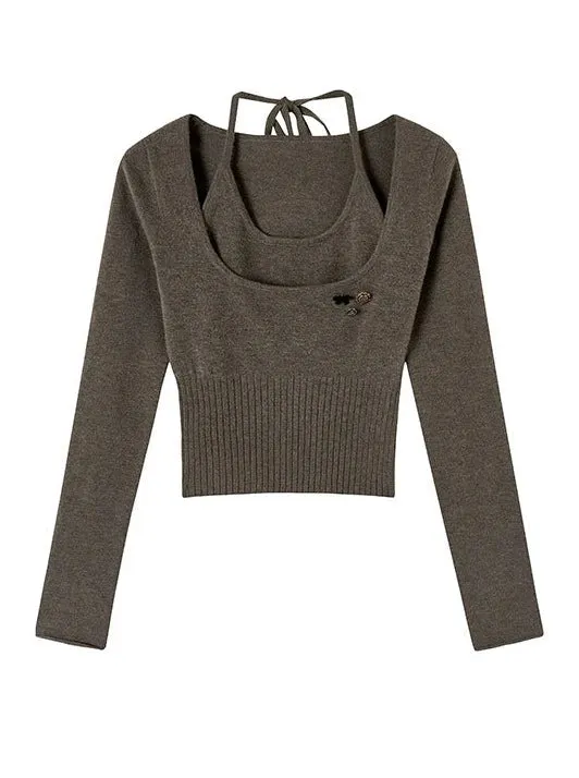 Two Piece Halter Rim Neck Top Faux