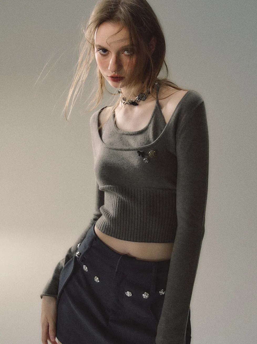 Two Piece Halter Rim Neck Top Faux