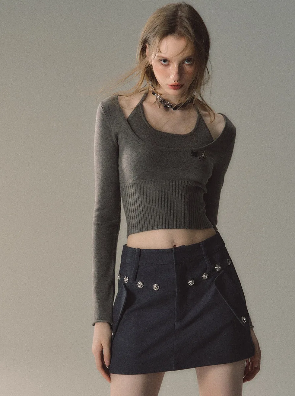 Two Piece Halter Rim Neck Top Faux