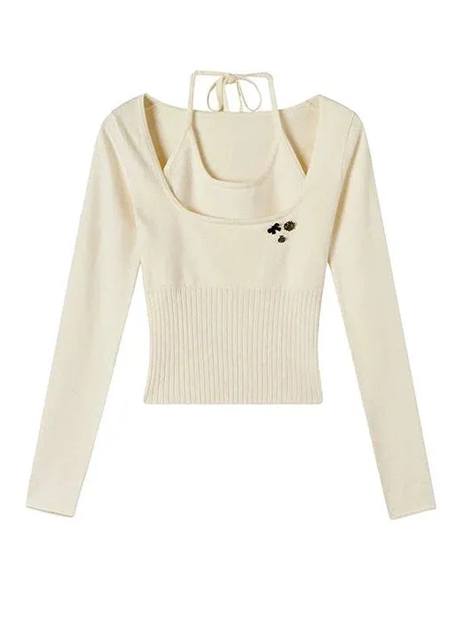 Two Piece Halter Rim Neck Top Faux