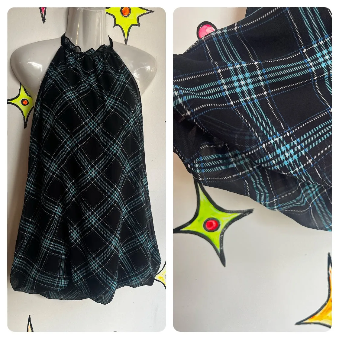 Vintage Y2K 2000s | Plaid Fairy Grunge Goth Emo Bubble Hem Halter Top or Dress M