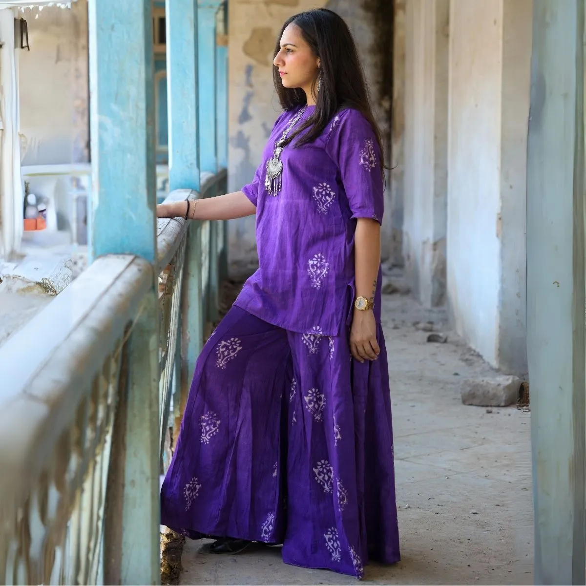 Violet Kurta and Sharara Set For Women | Festive Apt | Hand Block Printed