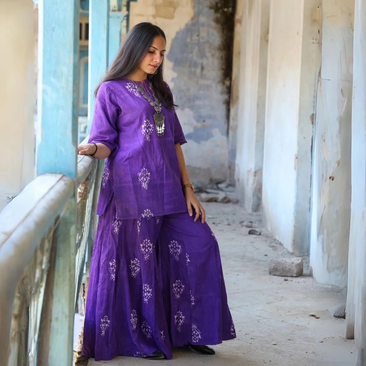 Violet Kurta and Sharara Set For Women | Festive Apt | Hand Block Printed