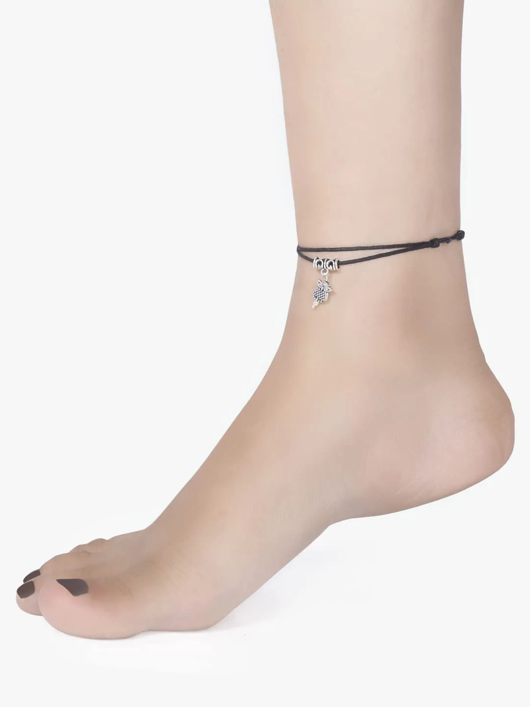 Yellow Chimes Latest Trend 5 Pieces Combo Black Thread Knot with Oxidized Single Charms Base Metal Adjustable Evil Eye Anklets for Women and Girls