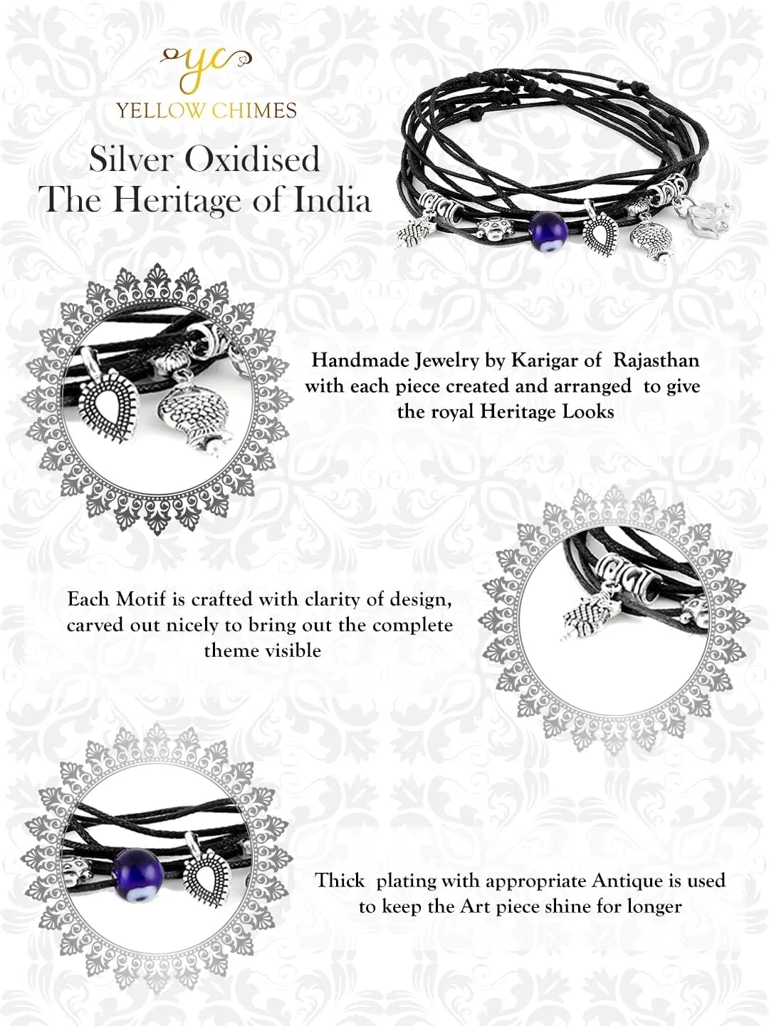 Yellow Chimes Latest Trend 5 Pieces Combo Black Thread Knot with Oxidized Single Charms Base Metal Adjustable Evil Eye Anklets for Women and Girls