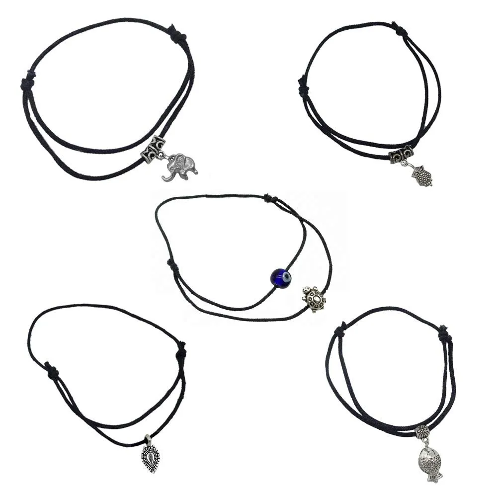 Yellow Chimes Latest Trend 5 Pieces Combo Black Thread Knot with Oxidized Single Charms Base Metal Adjustable Evil Eye Anklets for Women and Girls